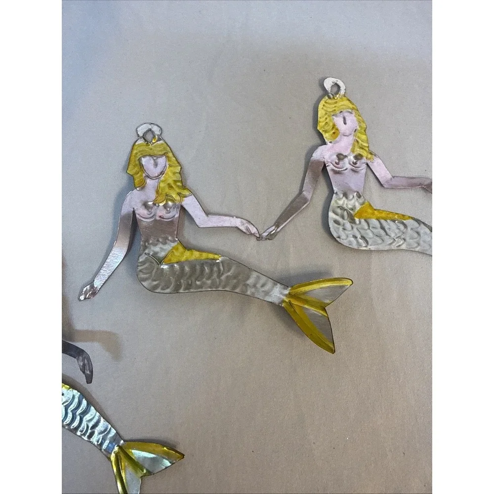 Vintage 3 Metal Mermaids Wall Decor Art Trio Gold Silver Toned Coastal Nautical
